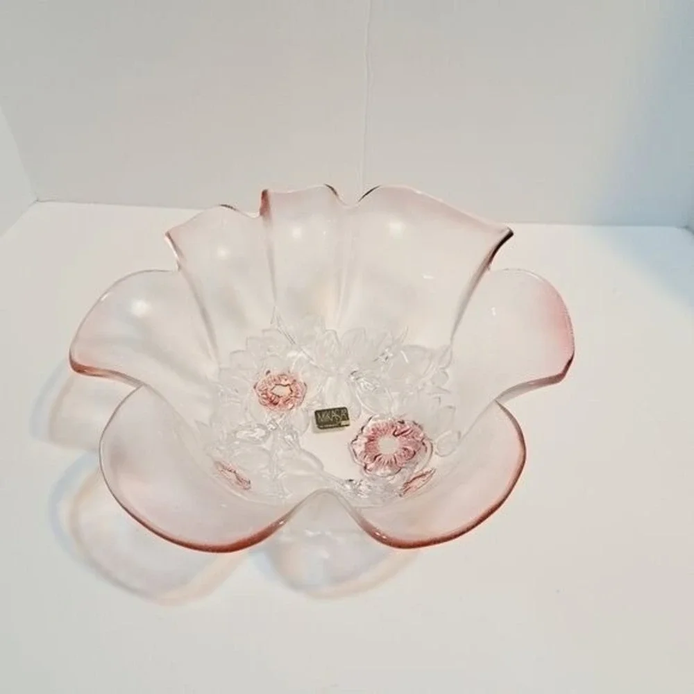Mikasa Flower Bowl Home Decor Pink Frosted Glass Ruffled Floral Vintage